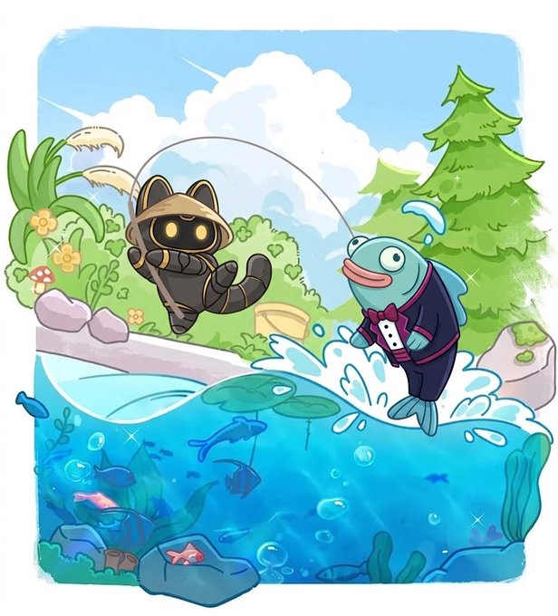 A whimsical cartoon scene shows a black robot cat in a straw hat jumping rope with a blue fish wearing a tuxedo at a forest pond.