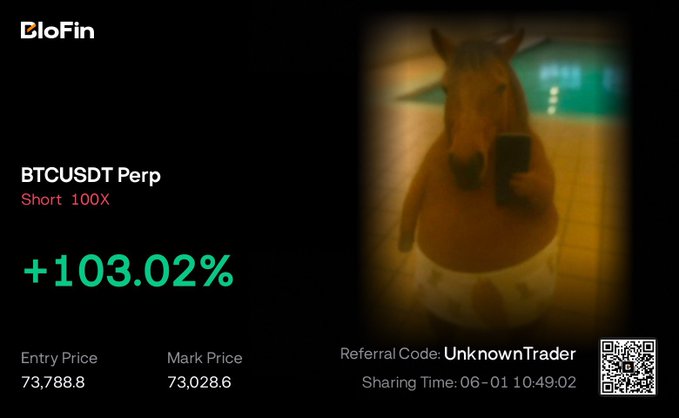The image shows a brown horse with its head tilted upwards, looking at something off-camera. Below the horse's photo, there are two lines of text that read "BTCUSDT Perp" and "Referrals Unknown Trader". The horse is positioned in front of a pool or water feature, which adds to the overall atmosphere of the image.