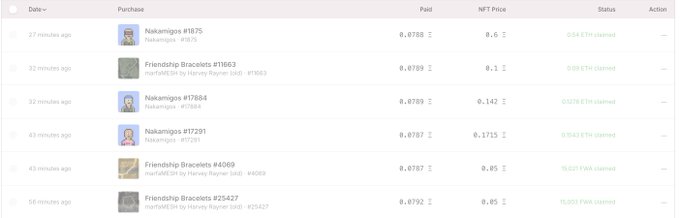 A transaction table listing recent purchases including 'Nakamigos' and 'Friendship Bracelets' NFTs, showing paid prices ranging from 0.8787 to 0.8792 ETH, with status marked as 'ETH claimed.'