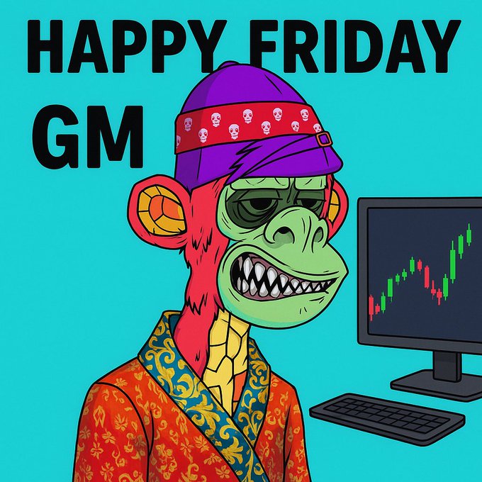 A grinning cartoon monkey wearing a purple beanie and ornate robe stares at a computer screen displaying a green candlestick chart, beneath bold text reading "HAPPY FRIDAY GM"—combining a classic crypto "GM" greeting with an upward-trending chart to signal a bullish Friday vibe.