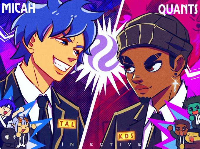 The image features a cartoon illustration of two boys, one wearing a blue suit and the other wearing a black hat with a white logo. They are standing next to each other against a purple background that has a yellow starburst effect. The caption below the illustration reads "The Artist League is officially challenging our rival, KDS! @Nwude Chris1 is going head-to-head with @kayd_kova @singularity_66 is going up against @daniarchibong_ @amstar_art is up against @123SAINTe We’re ready to take you down. $INJ MICAH will surpass QUANTS!".
