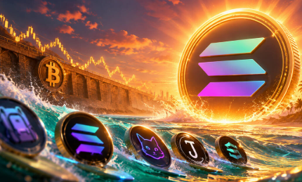 A glowing Solana (SOL) coin dominates the scene, surrounded by a torrent of ocean waves and a burning sunset, symbolizing a powerful surge. Alongside it, smaller tokens and a Bitcoin symbol appear amid crashing waters and a fiery stock chart, visually echoing the post's theme of Solana potentially sparking a fiery altcoin recovery.