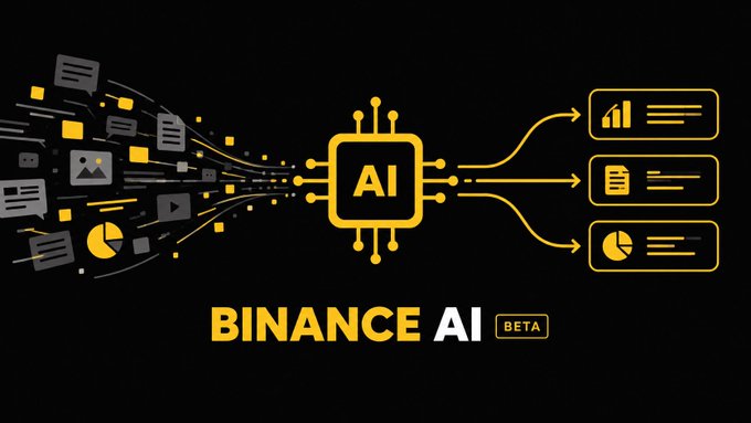 A promotional graphic with yellow and black colors displays "AI" in a chip icon connected to various data symbols, with the text "BINANCE AI BETA" below.