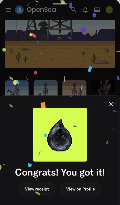 An OpenSea mobile screen displays a congratulatory "Congrats! You got it!" message featuring a pixelated black oil drop on a neon green background, with "View receipt" and "View on Profile" buttons. Confetti overlays a desert scene with oil rigs, matching the post about minting premium Saudi oil NFTs on OpenSea.