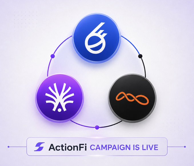 The image is a promotional graphic for ActionFi, featuring three interconnected circular logos (a blue Stellar logo, a purple stylized tree icon, and a black infinity symbol) arranged in a triangle, with a banner below reading "ActionFi CAMPAIGN IS LIVE." The visual supports the post by illustrating the platform's active campaign phase, where creators can participate in cross-chain promotional tasks tied to the featured projects.