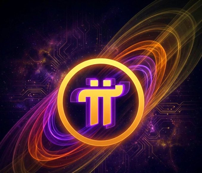 A glowing Pi (π) cryptocurrency logo sits at the center of a cosmic, circuit-patterned backdrop with swirling purple and orange energy streams, visually representing the Pi Network ecosystem discussed in the criticisms about its slow development, problematic KYC process, and delayed mainnet progress.