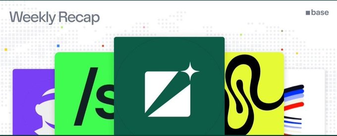 A graphic titled "Weekly Recap" by Base displays a series of colorful digital artwork cards with various logos and designs.