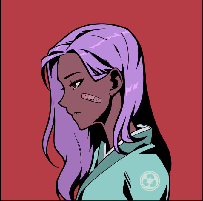 A stylized anime-style portrait of a purple-haired character with a bandaged cheek wearing a teal Azuki kimono-style top with the Azuki logo, set against a bold red background to celebrate joining the Azuki NFT community.