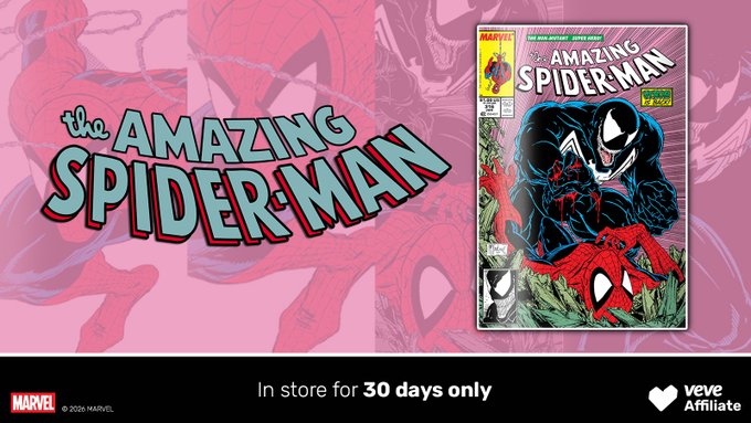 Promotional banner for 'The Amazing Spider-Man' comic book, showing Spider-Man in his black suit with Venom, available for 30 days only through VeVe Affiliate, with Marvel copyright 2026.