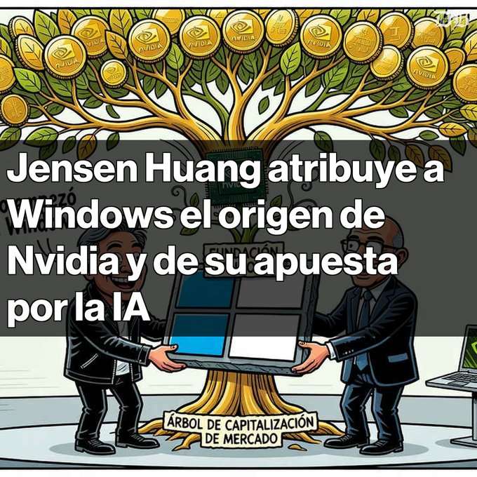 A Spanish-language illustration with the headline 'Jensen Huang atribuye a Windows el origen de Nvidia y de su apuesta por la IA', depicting cartoon figures of Jensen Huang and another executive holding a Windows logo in front of a tree bearing Nvidia coins, labeled 'ÁRBOL DE CAPITALIZACIÓN DE MERCADO'.