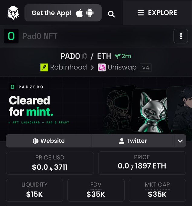 A screenshot of a cryptocurrency/NFT platform showing a token called 'PAD0' paired with 'ETH', with a price of $0.04371 and a market cap of $35K, featuring artwork of an astronaut and a green cat.