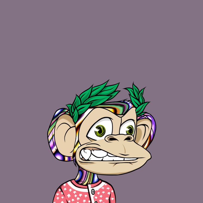 A digital illustration of a cartoon monkey with green leafy hair, rainbow-striped ears, and a pink star-patterned shirt against a gray background.