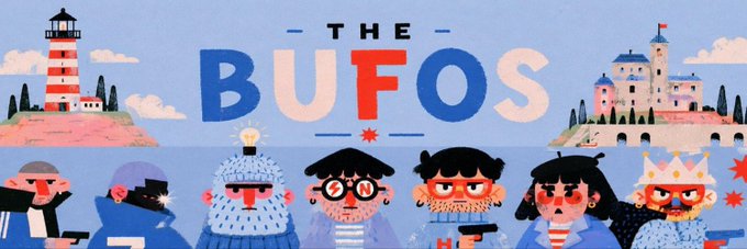 A banner image titled "THE BUFOS" featuring colorful cartoon characters lined up against a blue background, with a lighthouse on the left and a castle on the right, promoting a new NFT collection by @JDOTCOLOMBO.