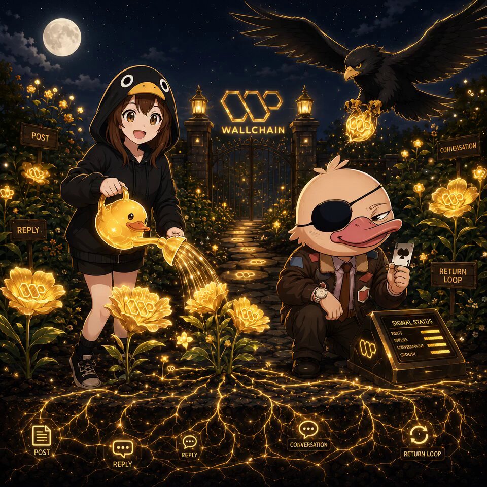The image features a girl watering flowers, while another girl holds a sign that says "Wallchain" above her head. The scene takes place at night with a full moon visible in the background. There are also two birds present in the image - one flying near the girl holding the sign and another bird perched on top of a building.