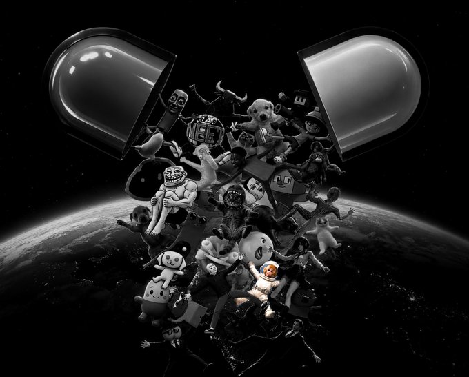 A surreal black-and-white image of an open pill capsule spilling various cartoonish characters, animals, and figures into space above Earth.