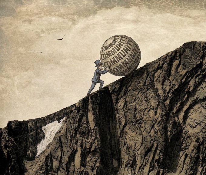 A surreal vintage-style illustration depicts a man in a top hat pushing a giant boulder labeled 'COMMUNITY' up a steep, rocky cliff face.