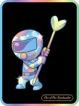 A colorful, holographic-style cartoon sticker featuring an astronaut holding a heart-shaped wand, with the text 'One of One Spectacular' at the bottom right.