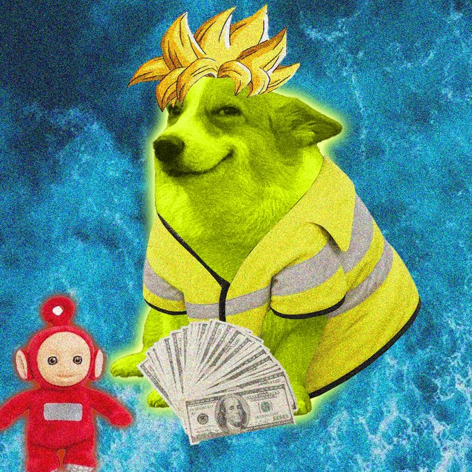 A meme-style image showing a dog with Super Saiyan anime hair wearing a yellow shirt, sitting behind a fan of $100 bills next to a red Teletubbies toy against a blue textured background.