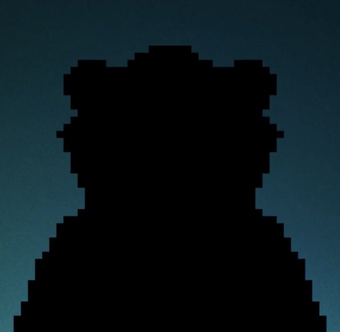 A pixelated silhouette of a person's head and shoulders against a dark teal background.