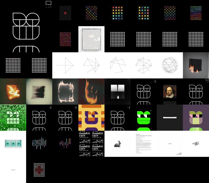 A grid display of various digital artworks and NFT-style images on a black background, featuring abstract geometric patterns, dot matrices, flame imagery, and stylized logo designs.