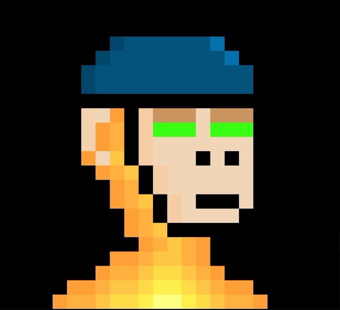 A pixel art character with green glowing eyes, a blue cap, peach/orange skin, and flame-like orange attire against a black background.