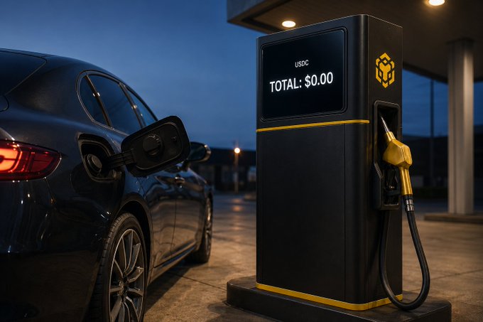 An electric vehicle charges at a station with a digital display reading "USDC" and "TOTAL: $0.00," visually reinforcing the promotion of zero-fee transactions using USDC, USD1, and U on BNB Chain until July 31.