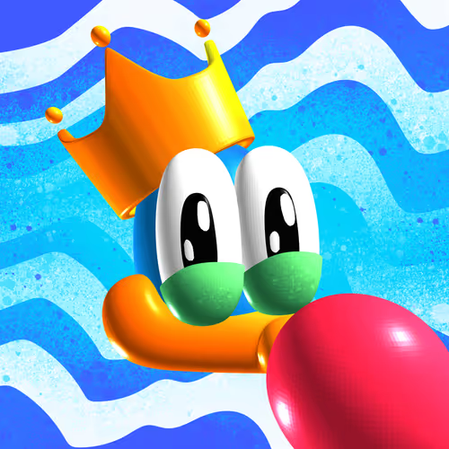 A 3D cartoon character with large green eyes and an orange crown against a blue wavy patterned background, appearing to blow a red balloon.