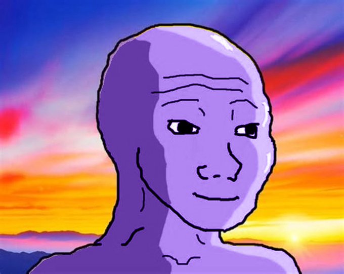 An illustration of a purple, bald humanoid figure known as 'Wojak' set against a colorful sunset sky.
