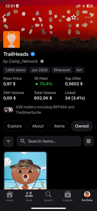 A mobile app screenshot showing an NFT collection named 'Trailheads' by Camp_Network on the Ethereum blockchain, featuring a floor price of 0.97 ETH, a 1D Floor increase of 73.4%, and a top offer of 0.5602 ETH.