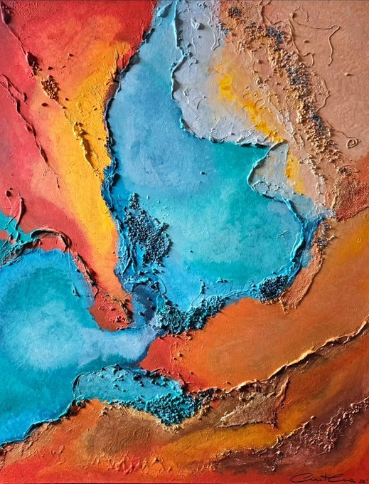 A textured abstract acrylic painting on canvas titled "Amanecer en el mar" (Sunrise at Sea) by artist Gutmar, featuring vibrant blue, orange, red, and yellow hues that evoke the warm and cool tones of a sunlit seascape, displayed on the OBJKT NFT marketplace.