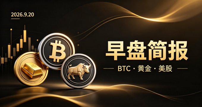 A financial market briefing graphic dated 2026.9.20 featuring gold and silver coins marked BTC and a bull, with Chinese text translating to 'Morning Market Briefing'.