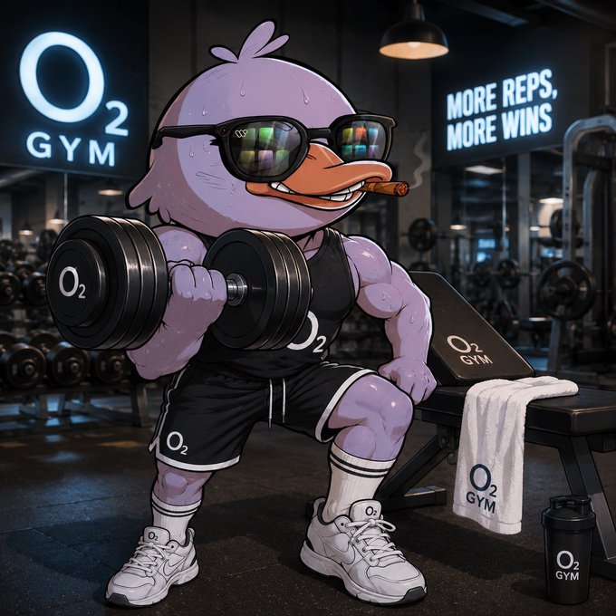 The image features a cartoon duck character wearing sunglasses and lifting weights at a gym. There are two benches visible in the scene - one where the duck is working out and another bench that has a towel placed on it, possibly for someone else to use after their workout. The background of the image shows various exercise equipment such as dumbbells and weight machines, indicating that this is a well-equipped gym. Additionally, there are two bottles in the scene - one near the center and another towards the right side.