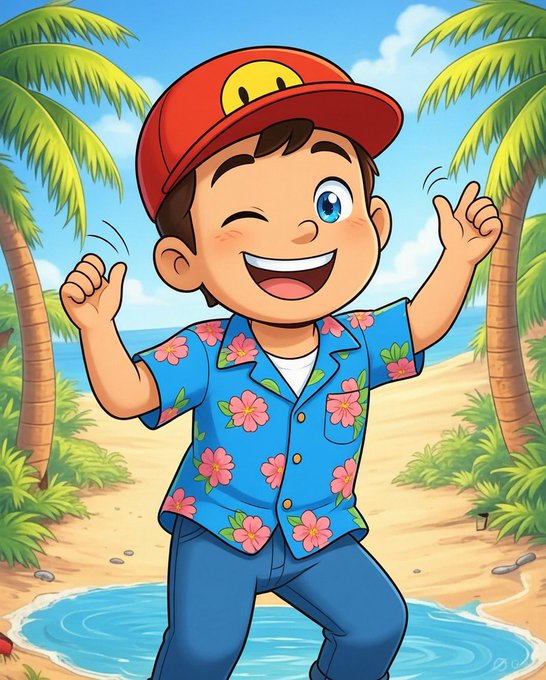 A cartoon illustration of a smiling boy in a red cap and blue floral Hawaiian shirt posing on a tropical beach.
