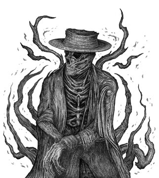 The image features a black and white illustration of a skeleton wearing a hat, with its arms crossed over its chest. The skeleton appears to be sitting down or leaning against something, possibly a tree trunk. The caption below the image reads "Happy #TezosTuesday Self-Made Ruin 'The Edge'". This suggests that the image is related to a post on social media where someone has created an illustration of a skeleton wearing a hat and crossed arms, accompanied by a caption about self-made ruin or a post on Tezos Tuesday.

The image also contains some text elements such as "Happy #TezosTuesday" and "Self-Made Ruin". These words are likely part of the caption that accompanies the image. The overall composition of the image is simple yet intriguing, with the skeleton drawing the viewer's attention to its unique pose and style.