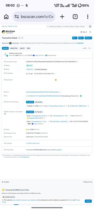 A mobile browser displays a BscScan “Transaction Details” page with token and transaction information, while a bottom notification says it was “Powered By BNB Smart Chain.”