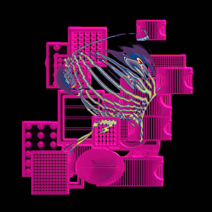 A vibrant digital artwork with a hot pink industrial/geometric background overlaid with a swirling, iridescent fish or bird-like creature rendered in holographic blues, yellows, and purples.