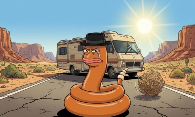 A cartoon snake wearing a black hat with a sad expression sits on a desert highway in front of an RV, watching a tumbleweed roll by under a bright sun.