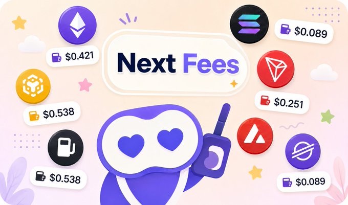 A promotional graphic titled "Next Fees" showcases transaction costs across multiple blockchain networks, displaying icons for Ethereum ($0.421), Solana ($0.089), Tron ($0.251), Avalanche, Polygon ($0.538), and BNB ($0.089), with a cute purple cartoon character wearing heart-shaped sunglasses holding a walkie-talkie in the center. The image visually supports the post's message about Allbridge's cross-chain execution layer, illustrating how Allbridge Next enables users to simply specify their intent ("I have this asset") while the platform handles the most cost-effective routing across chains.