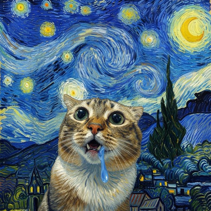 A tabby cat with wide eyes and blue drool drips from its mouth, set against Vincent van Gogh's swirling "Starry Night" backdrop. The dazed, melancholic expression on the cat's face mirrors the post's bittersweet, half-dreamlike farewell message.