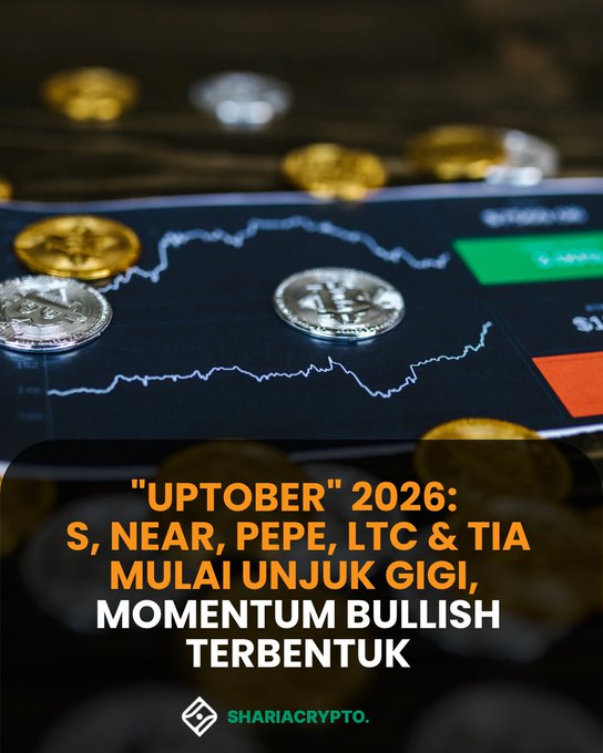 A cryptocurrency promotional graphic titled 'UPTOBER 2026: S, NEAR, PEPE, LTC & TIA MULAI UNJUNUK GIGI, MOMENTUM BULLISH TERBENTUK' from ShariaCrypto, featuring Bitcoin and a chart over a background of coins.
