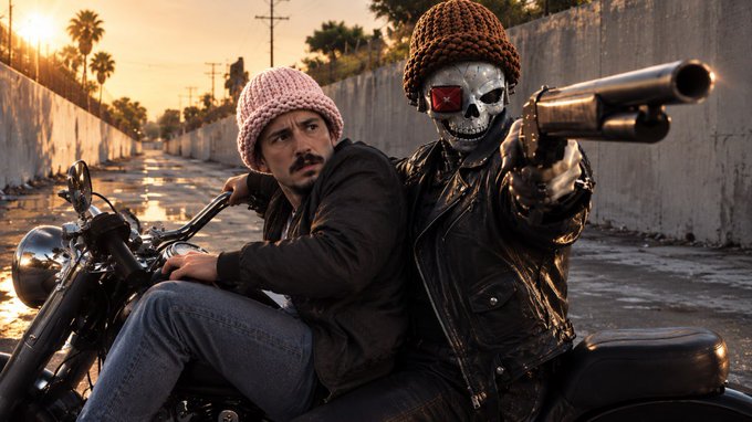 A bearded man in a pink beanie rides pillion on a motorcycle with a skeletal figure in a skull mask and brown beanie pointing a gun, set against a sunset backdrop. The image ties to the post as a bold, meme-style visual referencing $WIF and playfully addressing Vlad Tenev ("@vladtenev"), with the gun-toting skeleton symbolizing a "ride or die" loyalty vibe.