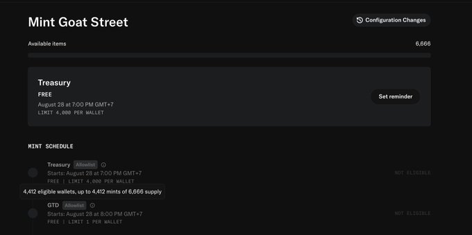 A screenshot of a Mint Goat Street NFT minting page showing 6,666 available items, with a Treasury phase starting August 28 at 7:00 PM GMT+7 and a limit of 4,000 per wallet.