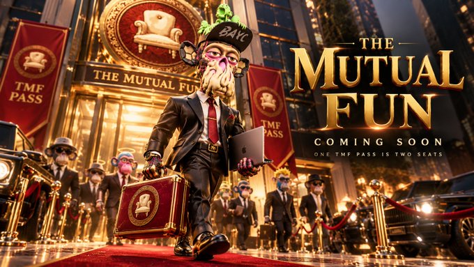 A cinematic, gold-toned promotional image titled 'THE MUTUAL FUN' with 'COMING SOON' text, featuring a suited duck character wearing a 'BAYC' hat and holding a briefcase.