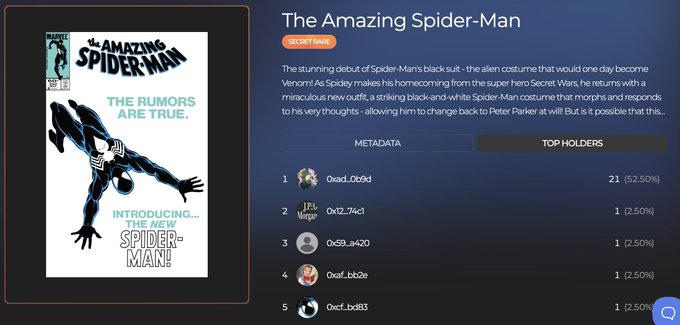 A digital trading interface displaying 'The Amazing Spider-Man' comic book cover featuring the black suit, with a description and a 'TOP HOLDERS' list showing wallets like '0xad...06bd' holding 52.50% and '0x12...74c1' holding 2.50%.