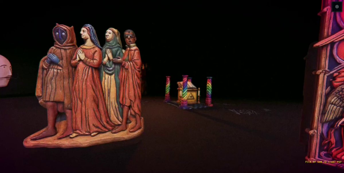 The image features a museum display with three statues of women standing together against a black background. The statues are made from clay or ceramic material and appear to be carved, giving them an artistic touch. The statues are positioned at different angles, creating depth in the scene. The overall atmosphere seems to be that of a museum exhibit, as indicated by the caption provided.