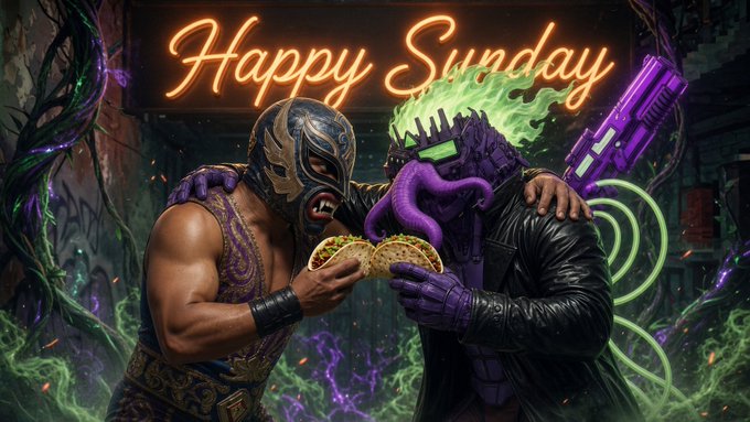 Digital artwork of a luchador and a green-haired cyborg character sharing a taco under a neon 'Happy Sunday' sign.