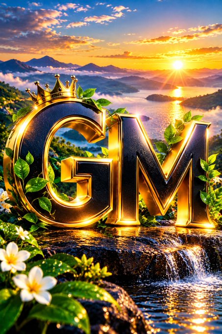 A fantasy-style digital artwork featuring large golden 'GM' letters with a crown on the 'G', set against a sunset landscape with mountains, ocean, and a waterfall in the foreground.