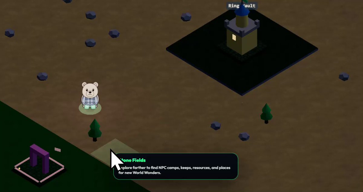 The image features a cartoon bear standing next to a castle-like structure with a sign that says "King's Walk". The bear appears to be wearing blue jeans and has a green hat, giving it a unique appearance. In front of the bear is a map, which seems to be part of an adventure game or puzzle. The image also includes text that reads: "Coins can be collected around the map and redeemed directly to your on-chain wallet. More coins are spawned whenever a neutral Keep is sieged and defeated." This suggests that players in this game have the opportunity to collect virtual coins, which they can later use to purchase items or upgrade their characters within the game world.