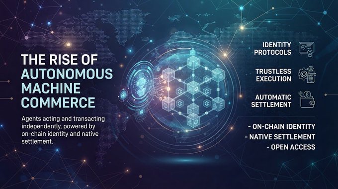 A digital infographic titled 'THE RISE OF AUTONOMOUS MACHINE COMMERCE' describing agents transacting independently with identity protocols, trustless execution, and automatic settlement.