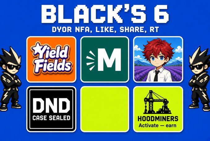 The image displays a graphic titled "BLACK'S 6" featuring six project tiles including "Yield Fields," "M," "DND Case Sealed," and "HOODMINERS" flanked by black-clad anime characters, serving as a promotional header for the post explaining 4 methods to obtain a Yield Fields whitelist spot, starting with the simplest option of purchasing an OCH Ringbearer NFT for ~$2500.